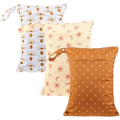 MOMIGO 3 pcs/set Wet Dry Bags for Baby Cloth Diapers - Reusable Washable for Stroller, Diapers, Travel Bags, Gym Bag 11.8 * 15.7 inch (Sun)