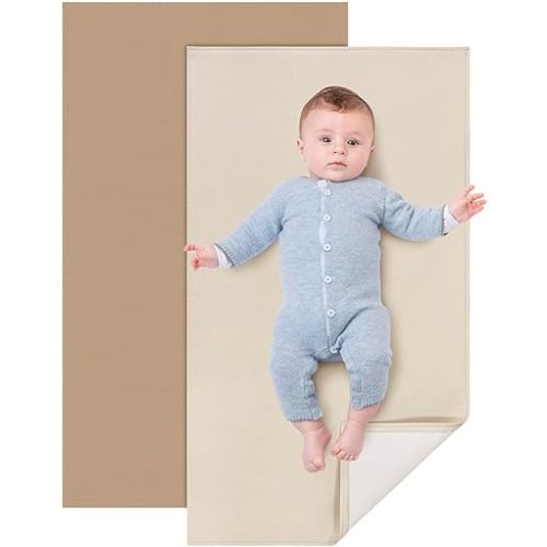 2 Pack Baby Leather Changing Mat, Waterproof Portable Diaper Changing Pad for Home, Wipeable Foldable Baby Travel Mat Fits Perfectly in Diaper Bag, 30 x 17 inches, Off White and Apricot