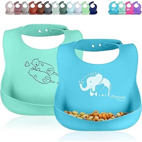 Otterlove Silicone Bib-100% Pure Platinum LFGB Baby Bibs 6-48 months-No Fillers-BPA and Phthalate Free (2 Bib Pack - Blue Elephants & Lemon Lime Otters)
