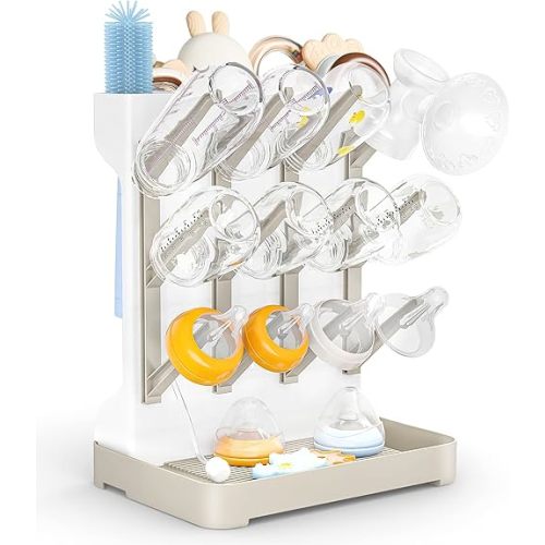 GoMaihe Baby Bottle Drying Rack: Space Saving Vertical Bottle Dryer Holder - Baby Accessories Storage Stand Organize Brushes Pacifiers on Countertop - BPA-Free - Beige