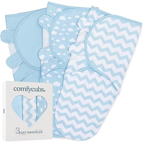 Comfy Cubs Easy Swaddle Blanket, 3 Pack - 100% Cotton Newborn Wrap, Small for 0-3 Months Infants, with Adjustable Velcro, Breathable and Durable Sleep Sack for Babies - Blue