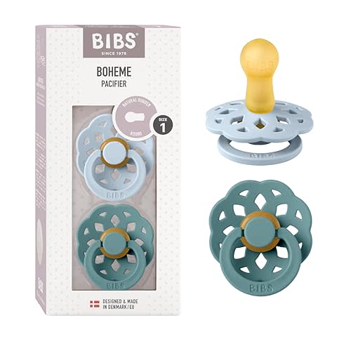 BIBS Boheme Soother 2-Pack. BPA Free Dummy Pacifier, Symmetrical Nipple. Natural Rubber Latex, Made in Denmark. 0-6 Months (Pack of 2), Baby Blue/Island Sea