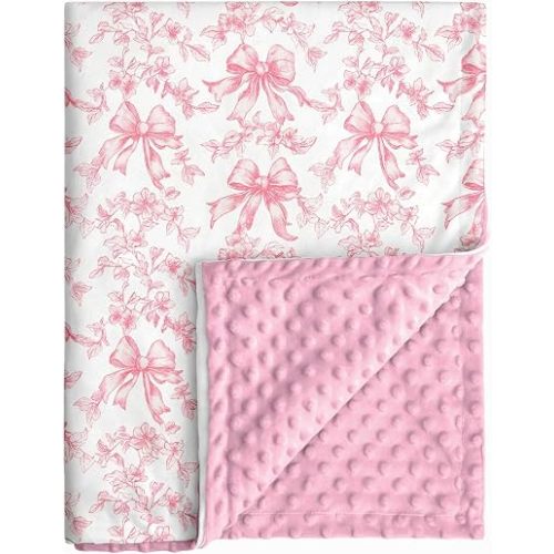 Pink Toile Coquette Bows Baby Minky Blanket for Girls, 30x40 Inch Pink Chinoiserie Soft Minky Blanket with Double Layer Dotted Backing, Nursery Bedding Swaddle for Newborns, Receiving Blanket