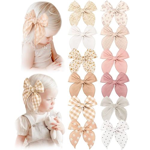 Niceye Fable Girls Hair Bows Cotton Linen Alligator Hair Clips or Little Girls Toddlers Kids Neutral Handmade Hair Accessories - 5.5” bow