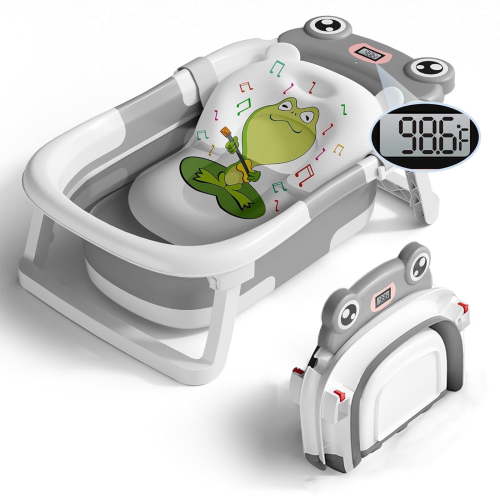 stusgo Collapsible Baby Bathtub, Plastic Frog Baby Bath Tub with Soft Cushion & Thermometer(Grey)