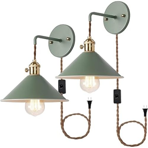 Green Plug in Wall Sconces Set of Two,Wall lamp with Plug in Cord of 2 for Bedroom Hanging Wall Lights E26 Edison Brass lamp Holder with Frosted Paint Body Bedside lamp