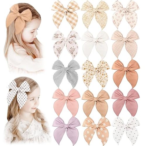 Niceye Fable Girls Hair Bows Cotton Linen Alligator Hair Clips or Little Girls Toddlers Kids Neutral Handmade Hair Accessories - 5.5” bow