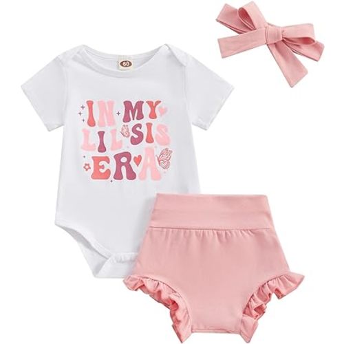 Baby Cute In My Baby/Lil Sis/Big Sis/Big Bro Era Letter Romper Shirt And Bottom Shorts Infant Summer Outfits