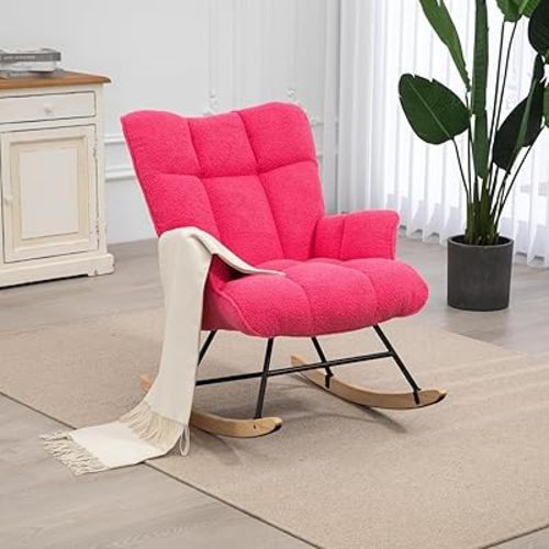 Rocking Chair Nursery Teddy, Upholstered Baby Fluffy Glider Rocker for Adults Small Spaces Indoor, Comfy Sherpa Compact Nursing Chairs for Living Room, Classroom, Bedroom, Bright Pink