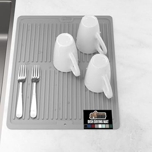 GORILLA GRIP 100% BPA-Free Patented Silicone Dish Drying Mat for Kitchen Counter, Water Catching Ribbed Design, Easy Clean Waterproof Sink Liner, Heat Resistant, Fits Under Rack, 16x12 Inch, Gray
