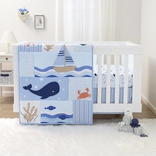 The Peanutshell 3 Piece Nautical Patch Baby Crib Bedding Set Boy, Baby Blanket Quilt, Fitted Crib Sheets for Boys, Navy & Blue Striped Crib Skirt Ocean Nursery Decor Boy