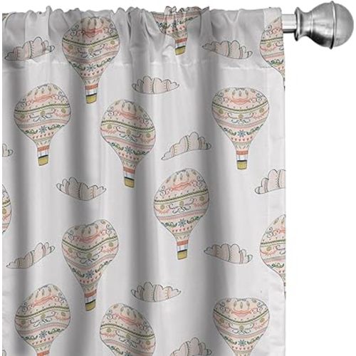 Ambesonne Balloon Curtains, Inspirations with Swirls Hearts and Flowers Flying Hot Air Balloon Pattern, Window Treatments 2 Panel Set for Living Room Bedroom, Pair of - 28" x 63", Beige White