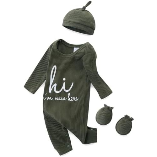 Baby Boy Girl Ribbed Onesies Romper Coming Home Outfits Letter Print Bodysuit Jumpsuit Hat Glove 3PCS Clothes Set