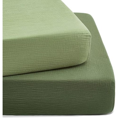 TILLYOU 2 Pack Muslin Crib Sheet for Boys and Girls - 100% Cotton Fitted Crib Sheet for Toddler Standard Crib Mattress, Soft and Breathable, 52"x28"x8",Forest Green&Light Green