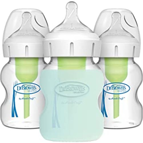 Dr. Brown's Options+ Wide-Neck Glass Baby Bottles, 5 Ounce, 3 Count with Silicone Sleeve Variety Pack
