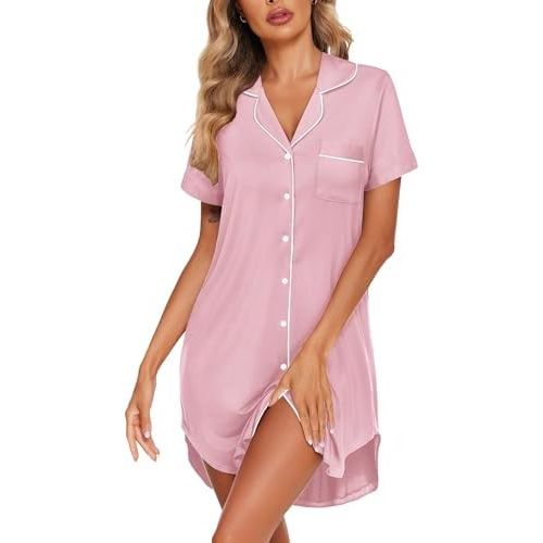 Ekouaer Womens Nightgown Button Down Sleepshirts Short Sleeve Sleepwear Boyfriend Nightshirts Pajama Dress