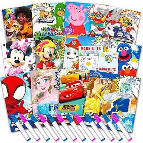 12 Mess Free Imagine Ink Coloring Book Set for Kids - Bulk Bundle with 12 No Mess Coloring Books, Barn Bots Stickers and Door Hanger (Paw Patrol, Princess, Mickey, Minnie, Spidey, Peppa Pig)