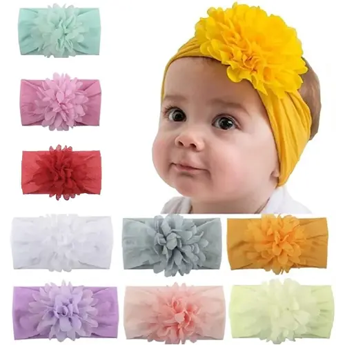 Baby Girls Nylon Headbands 9Pcs, Chiffon Flowers Newborn Infant Toddler Hairbands and Child Hair Accessories (Multicolored-9PCS)