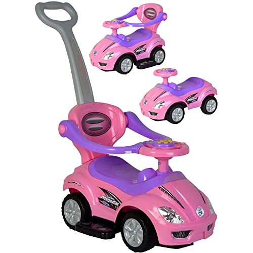 ChromeWheels Push Cars for Toddlers, 3 in 1 Ride on Push Car with Guardrail, Ride on Toys Mega Car w/Push Handle & Horn & Music & Under Seat Storage, Pink