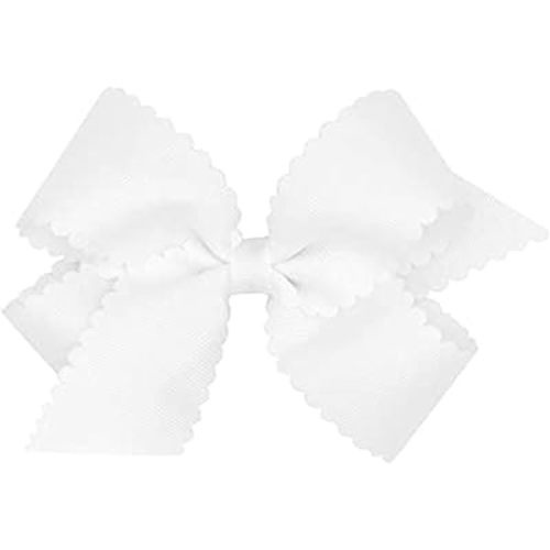 Wee Ones Girls' Classic Grosgrain Hair Bow with Scalloped Edges and Plain Wrap Center on a WeeStay Hair Clip, Medium, White
