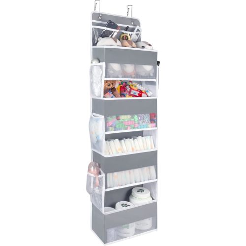 Univivi Over The Door Organizer, 5 Shelf Door Hanging Organizer Nursery Door Storage with 4 Large Compartments and 2 Small PVC Pockets 6 Side Pockets for Bathroom,Cosmetics and Nursery Baby Essential