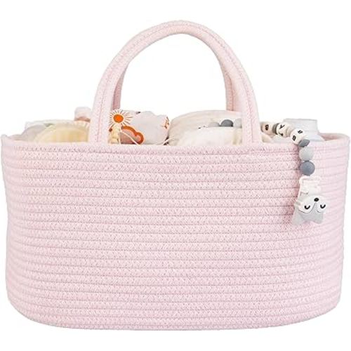 Large Baby Diaper Caddy Organizer for Girl Boy Rope Nursery Storage Bin Basket Portable Holder Tote Bag for Changing Table Car Travel Baby Shower Gifts Newborn Essentials Registry Must Haves Pink
