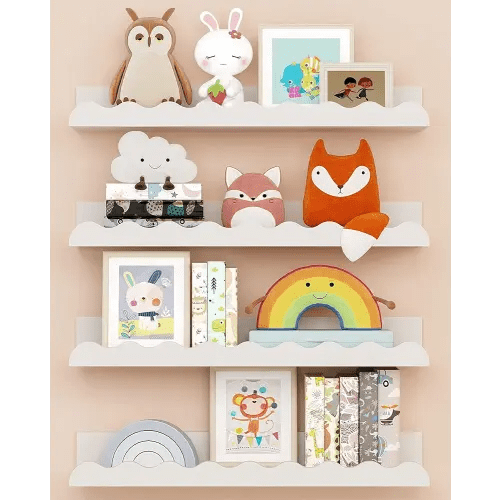 Kids' Bookshelf Set of 4 - White Floating Nursery Book Shelves, Picture Ledge Shelf for Wall Decor and Storage - Perfect for Books, Toys, Photo Frames, and Nursery Décor
