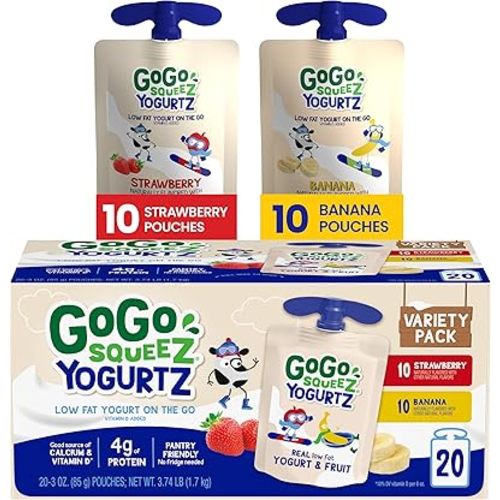 GoGo squeeZ yogurtZ Variety Pack, Strawberry & Banana, 3 oz (Pack of 20), Kids Snacks Made from Real Yogurt and Fruit, No Fridge Needed, Gluten Free, Nut Free, Recloseable Cap, BPA Free Pouches