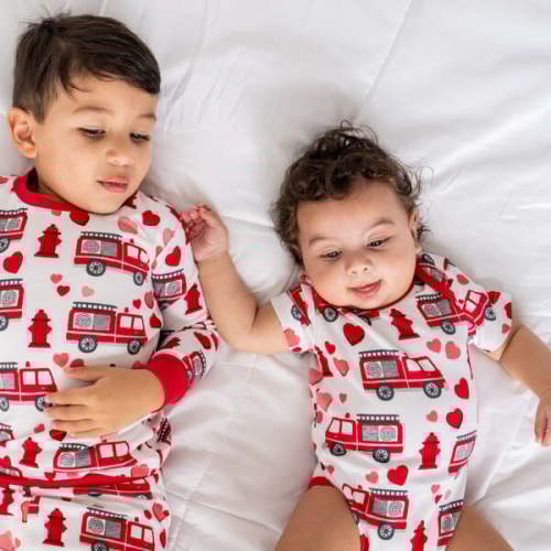 Baby Bamboo Pajamas w/ DreamCuffs®, Fire Truck Hearts - Dreamland Baby | Maisonette