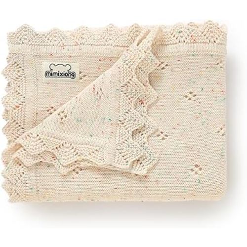 mimixiong Cotton Baby Blanket Knitted Crochet Receiving Crib Nursery Swaddling Blankets for Newborn Baby Boy Girl 30x40 Inch (Apricot)