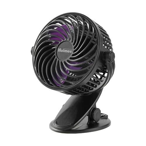 Holmes 4” On-The-Go Personal Fan with Clip – 3 Speeds, 360° Rotation, Rechargeable Battery, USB-C Charging, Compact, Black with Purple Blades, 1-Year Warranty – Ideal for Desks & Personal Spaces