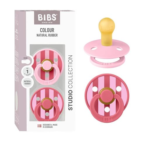 BIBS Pacifiers - Studio 2 Pack | Round Nipple Baby Pacifier | BPA Free Natural Rubber Latex Soother | Made in Denmark | Size 0+ Months | Block Baby Pink Coral