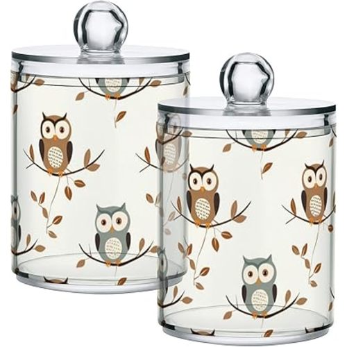 2 Pack Qtip Holder Dispenser for Cotton Ball Owl Forest Little Animal Cotton Swab Round Pads Clear Plastic Acrylic Jar Set Bathroom Canister