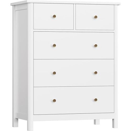 White Dresser with 5 Drawers, Tall Chest of Drawers, 5 Drawer Dresser with Deep Space, Wood Storage Cabinet for Living Room, Hallway, Office, White