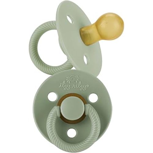 Itzy Ritzy Natural Rubber Pacifiers (Set of 2) – Baby Pacifiers with Cherry-Shaped Nipple & Large Air Holes for Added Safety; Set of 2 Binkies in Agave & Succulent (Ages 6 – 18 Months)
