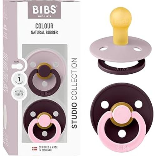BIBS Colour Studio Pacifier 2-Pack, BPA Free, Round Nipple. Natural Rubber Latex, Made in Denmark, Size 1 (0-6 Months) - Dusky Lilac/Plum