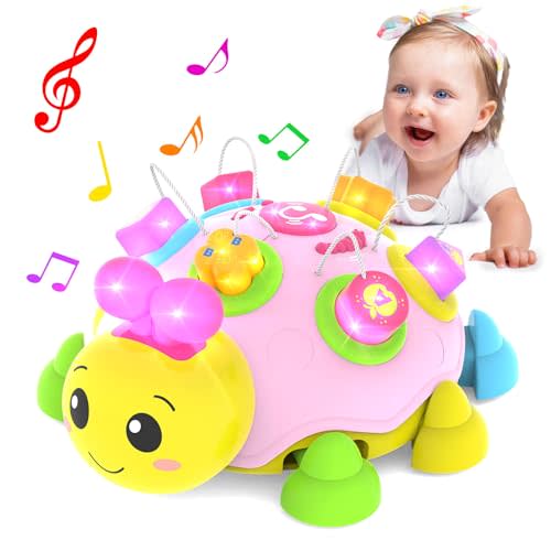 Baby Crawling Toys 6-12 Months,Musical Ladybug Crawling Toy for Infants 0-3-6 7 8 9 10 12-18 Months,Early Education Light Up Music Walking Toys,Shape Matching,Tummy Time Toys for Boy Girl Gift.(Pink)