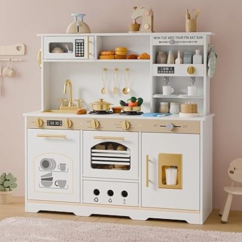Play Kitchen Set, Kids Kitchen Playset with 21 Fun Accessories, Toy Kitchen Set with Realistic Appliances, Smart Storage, Wooden Play Kitchen for Kids, Gift for Ages 3+ (White & Gold)