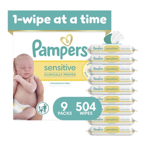 Pampers Sensitive Baby Wipes, Clinically Proven, Fragrance Free, Unscented, Water Based, Hypoallergenic, Multi-Use, Hand Wipes 504 Wipes Total (6X Flip-Top Packs) [Packaging May Vary]