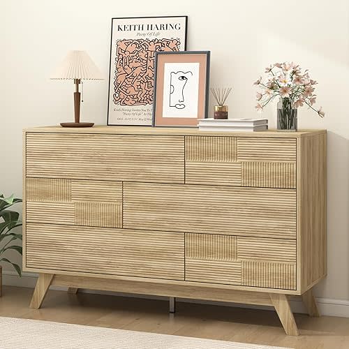Hadulcet Fluted 6 Drawers Dresser for Bedroom, Modern Minimalist Style, 47” Wide Handleless Chest of Drawers, Wooden Dresser TV Stand, Closet Clothes Storage Organizer for Hallway, Natural Oak