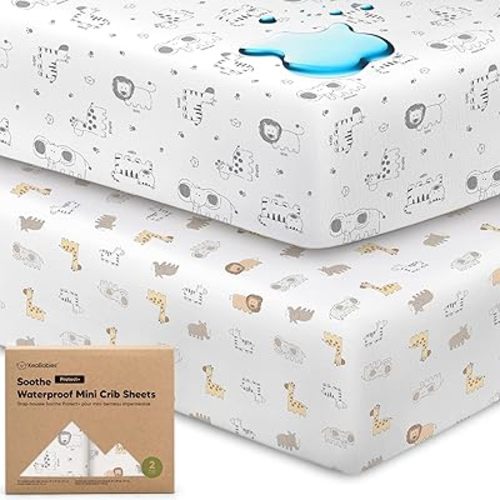 2-Pack Pack and Play Sheets, Waterproof Mini Crib Sheets Fitted - Organic Cotton Pack N Play Sheets for Graco Pack and Play Mattress, Playard Baby Crib Sheets, Neutral for Boy,Girl,Toddler (KeaSafari)