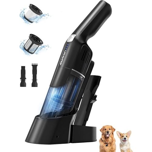 Aspiron Cordless Handheld Vacuum, 15KPA Powerful Car Vacuum, Rechargeable, Charging Dock, Ergonomic Handle, 2-in-1 Crevice Tool, 1.8lb Portable Vacuum Cleaner with 2-Speed for Car, Home, Black Silver