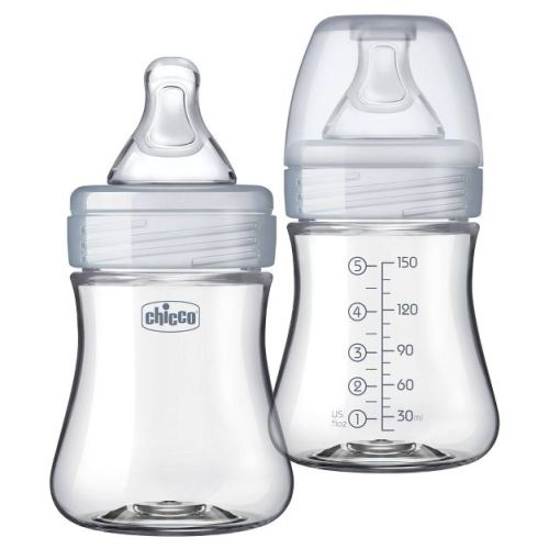 Chicco 2pk Duo Hybrid Baby Bottle With Invinci-glass Inside/plastic Outside With Slow Flow Anti-colic Nipple - Clear/gray - 5oz