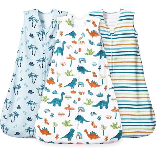 david's kids 3 Pack 100% Cotton Baby Sleep Sack 6-12 Months, Ultra Soft Baby Wearable Blankets with 2-Way Zipper, Comfy Sleeping Bags for Infant Newborn Boys Girls Neutral, Medium Size, Dinosaur