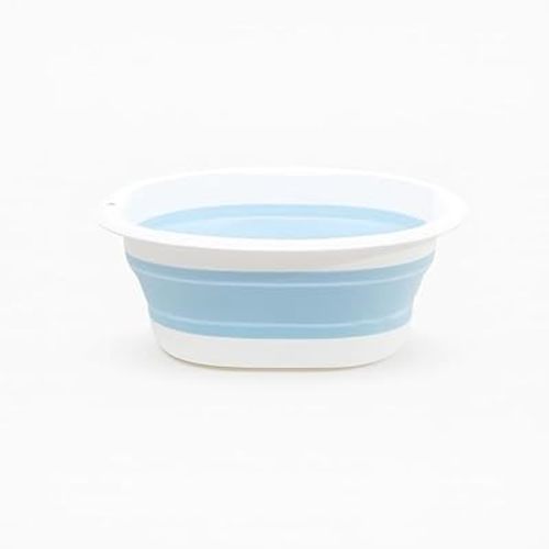 Collapsible Silicone Basin, White and Blue, Portable Wash Tub