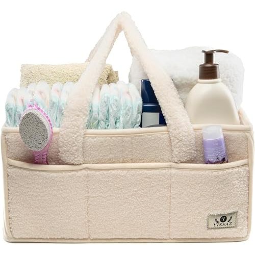 Extra Large Diaper Caddy Organizer - Portable with 3 Large Compartments and 6 Pockets - Baby Organizer - Car Diaper Caddy - Storage Basket - Gift Baby Organizer (Beige)