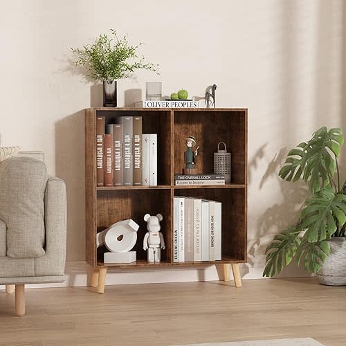 Lkeiyay Wooden 4 Cube Open Bookcase,2 Tier Mid-Century Bookshelf with Legs, Modern Storage Display Cabinet Organizer Bookshelves for Bedroom,Living Room,Office (Rustic Brown)