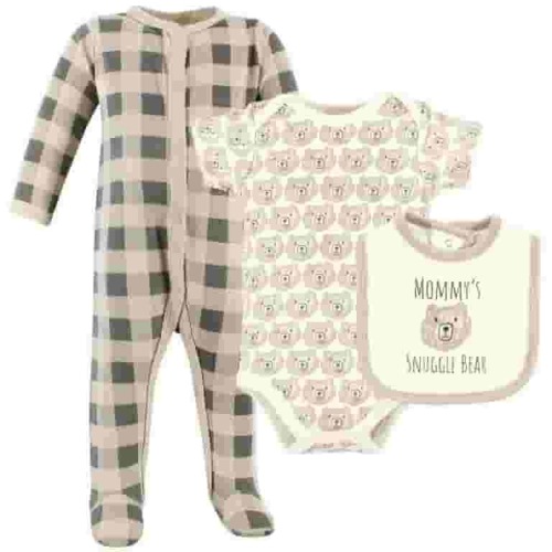 Hudson Baby Cotton Sleep and Play, Bodysuit and Bandana Bib Set, Snuggle Bear, 0-3 Months