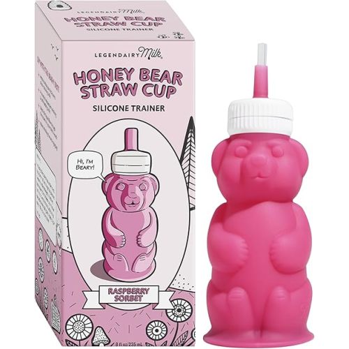 Legendairy Milk Honey Bear Straw Cup Silicone for Babies (Pink), 8 oz. Dishwasher Safe Baby Straw Cup, Food Grade Silicone, Honeybear Sippy Cup for Ages 4+ Months, Trainer Straw Cup for Toddlers 1-3