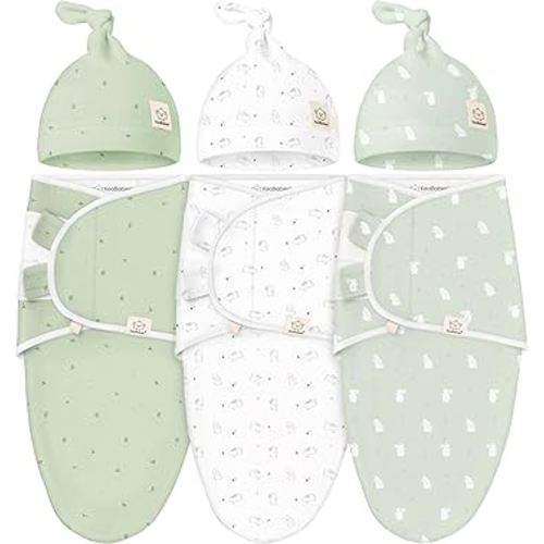 KeaBabies 3-Pack Swaddles for Newborns, Girls, Boys with Hats - Organic Soft Baby Sleep Sacks, Breathable Baby Swaddle 3-6 Months Beanies Set, Premie Infant Sleep Sack 0-3 Months (Bunnies)